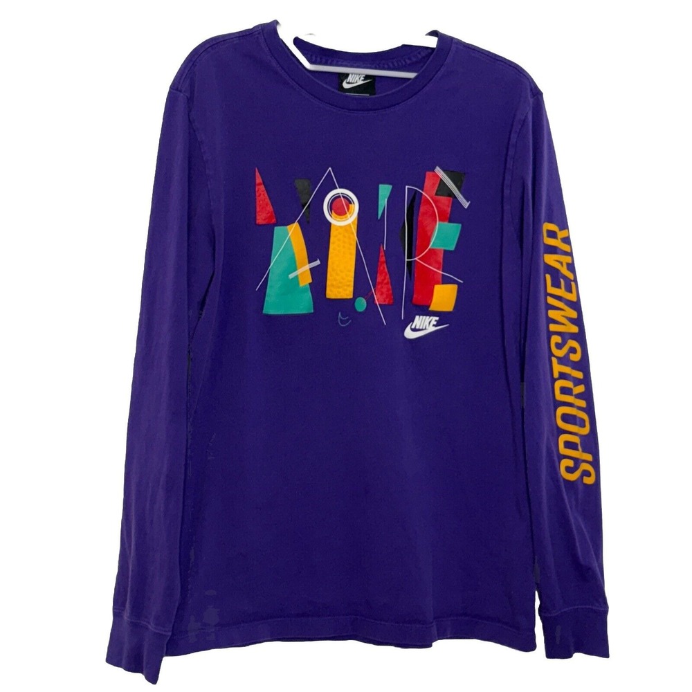 Nike T-Shirt Mens M Game Changer Sportswear Long Sleeve Purple Geometric 90s Y2K